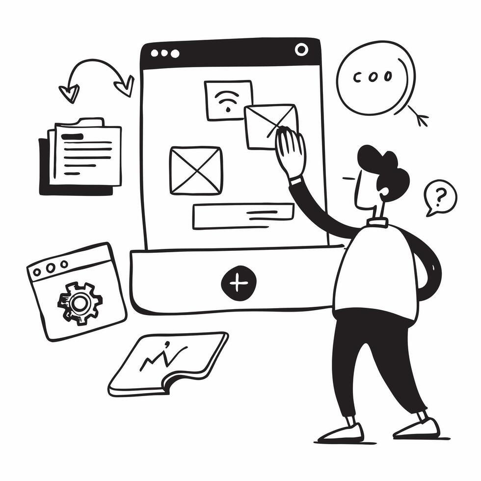 Social media manager curating content for different platforms concept as A social media manager in an office curating content for different social media platforms using a laptop hi Cleans vector