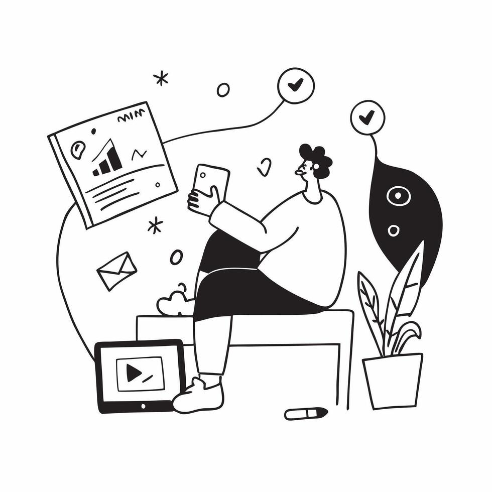 Social media manager enjoying a quiet evening with a tablet concept as A social media manager enjoying a quiet evening at home with a tablet browsing social media updates highlight Cleans vector