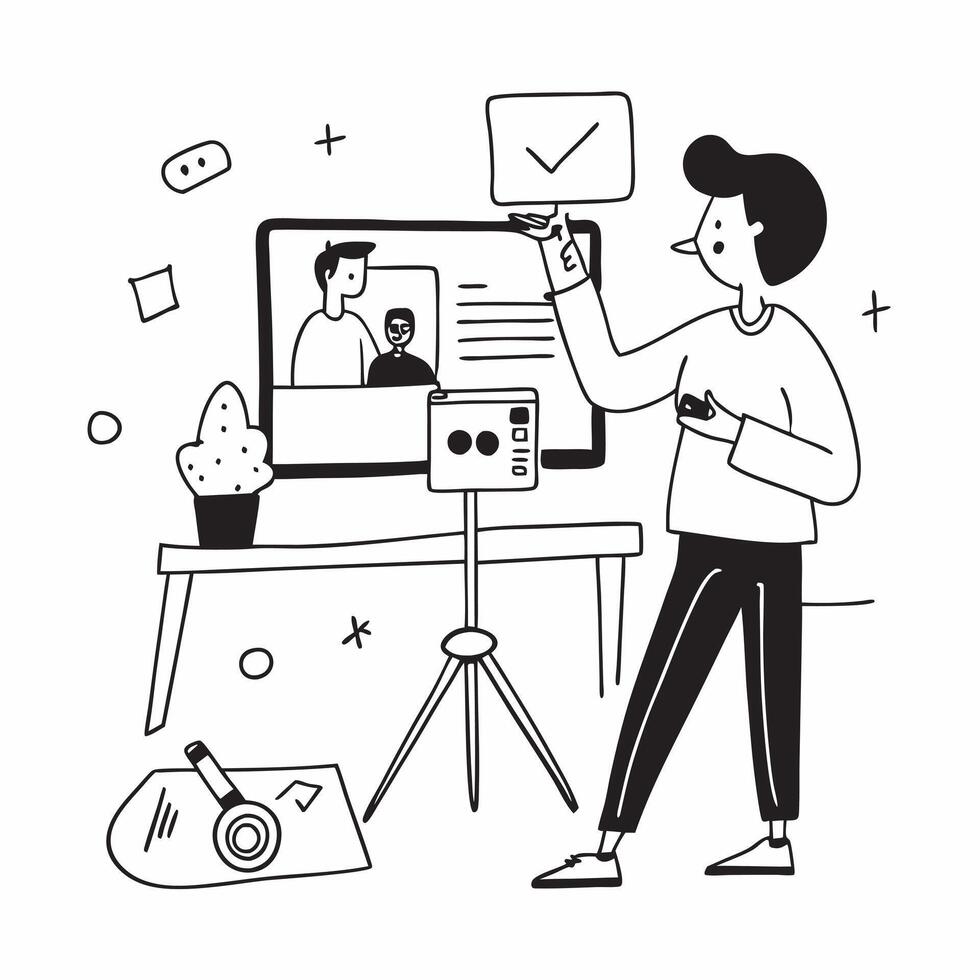 Social media manager conducting a live stream event concept as A social media manager in a modern office conducting a live stream event using a smartphone and tripod highlighting r Cleans vector