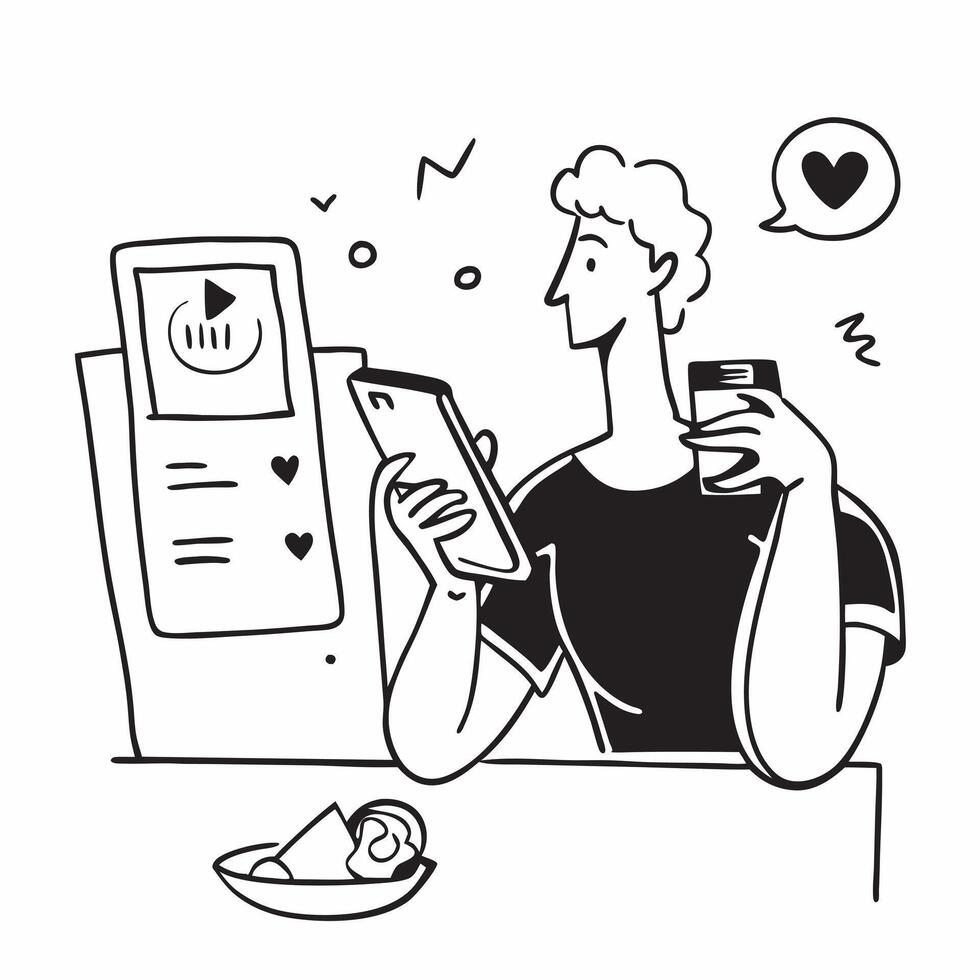 Social media consultant enjoying a leisurely breakfast concept as A social media consultant enjoying a leisurely breakfast while checking social media updates on a smartphone highl Cleans vector