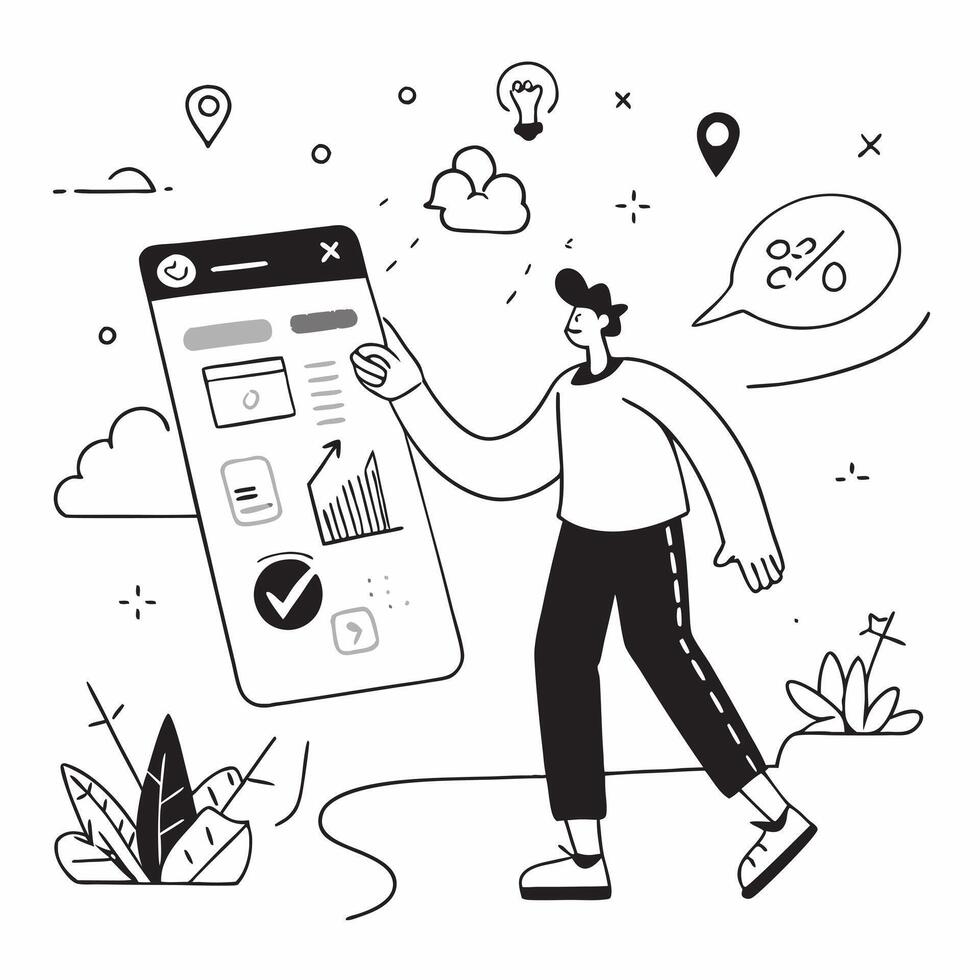 Social media analyst enjoying a relaxing walk in the park concept as A social media analyst enjoying a relaxing walk in the park while reviewing social media metrics on a smartphon Cleans vector