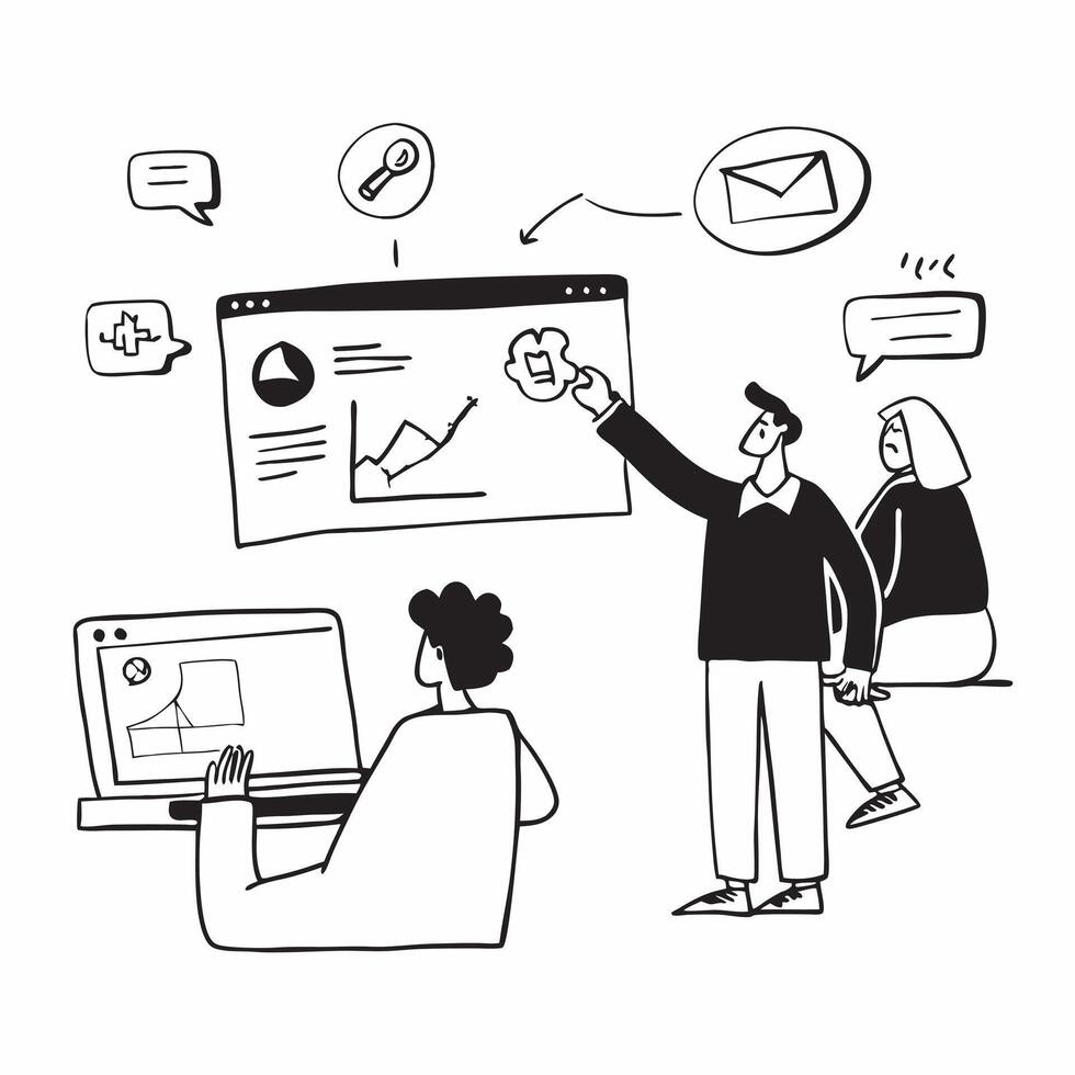 Social media consultant advising clients on digital growth strategies concept as A social media consultant in a modern office advising clients on digital growth strategies using a Cleans vector