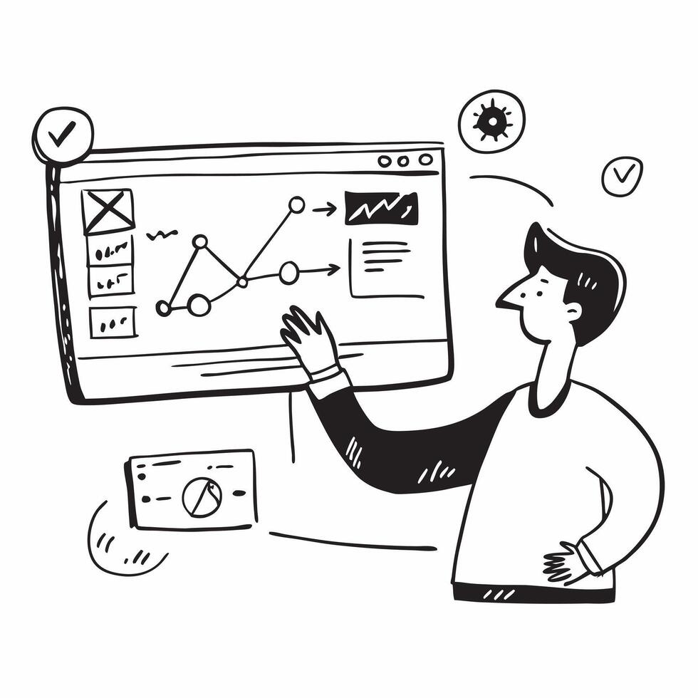 Social media analyst developing predictive analytics models concept as A social media analyst in an office developing predictive analytics models on a computer highlighting data sc Cleans vector