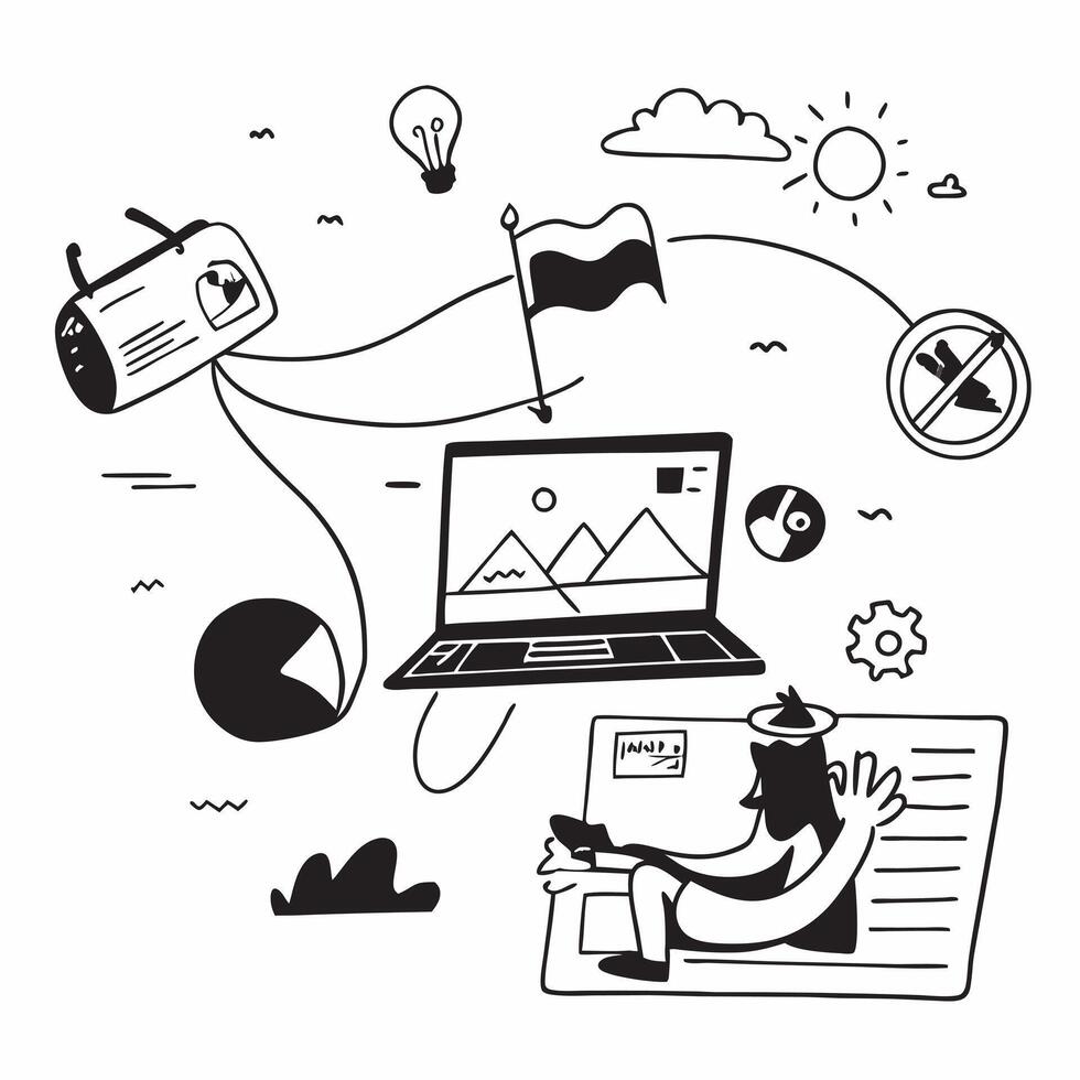 Social media analyst enjoying a peaceful fishing trip concept as A social media analyst enjoying a peaceful fishing trip using a laptop to review social media metrics highlighting Cleans vector