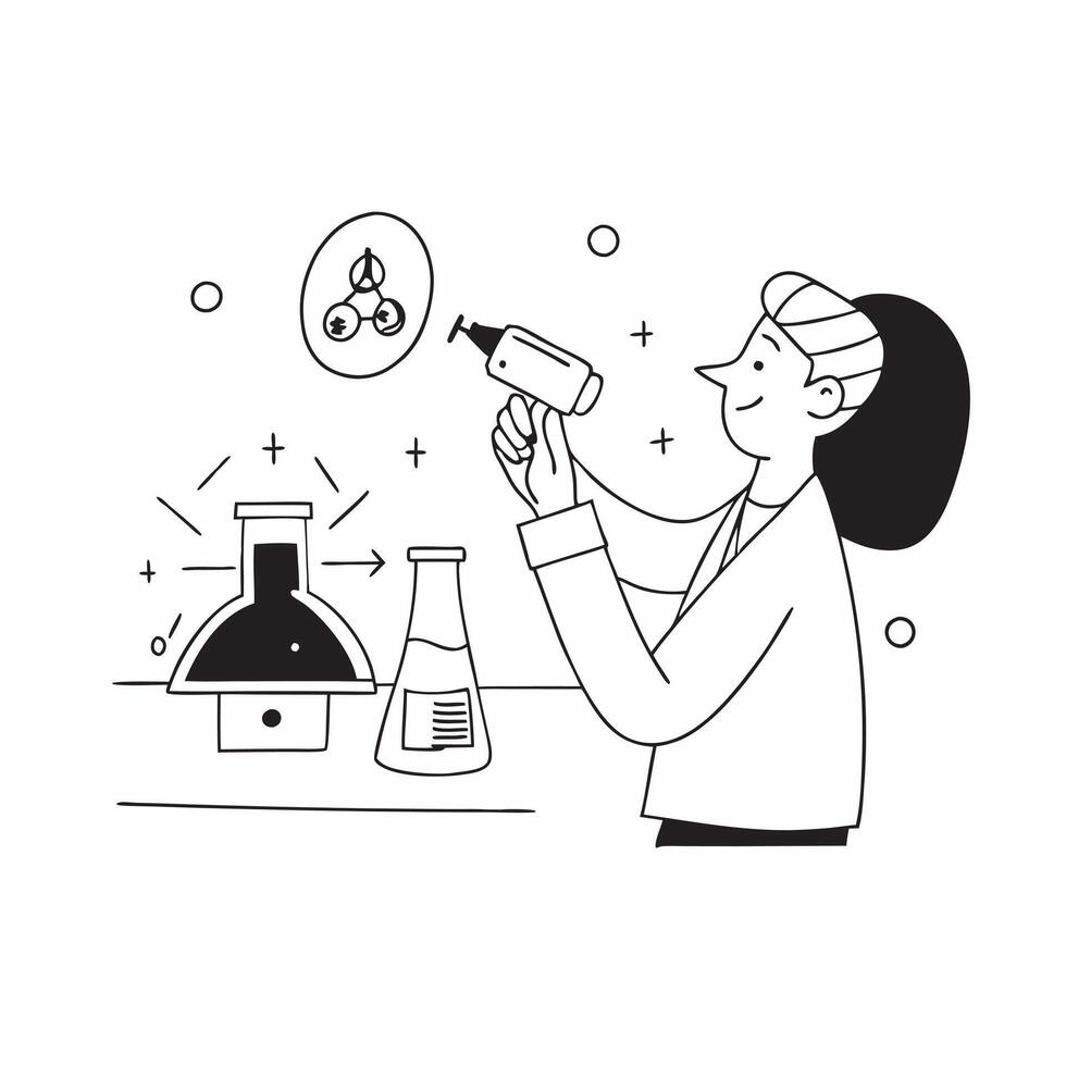 Skincare Formulator with Serum and Lab Equipment in High Tech Facility concept as Mid shot of a skincare formulator holding a serum bottle and working with lab equipment in a high Cleans vector