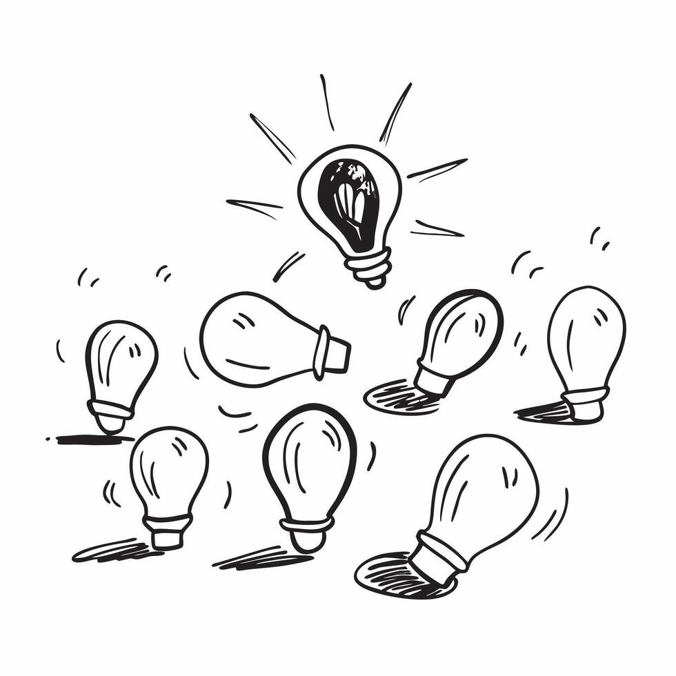 Shining Light Bulb Among Dim Bulbs concept as A single shining light bulb stands out among numerous dim bulbs in a whimsical background offering ample space for text or graphics sy Cleans vector