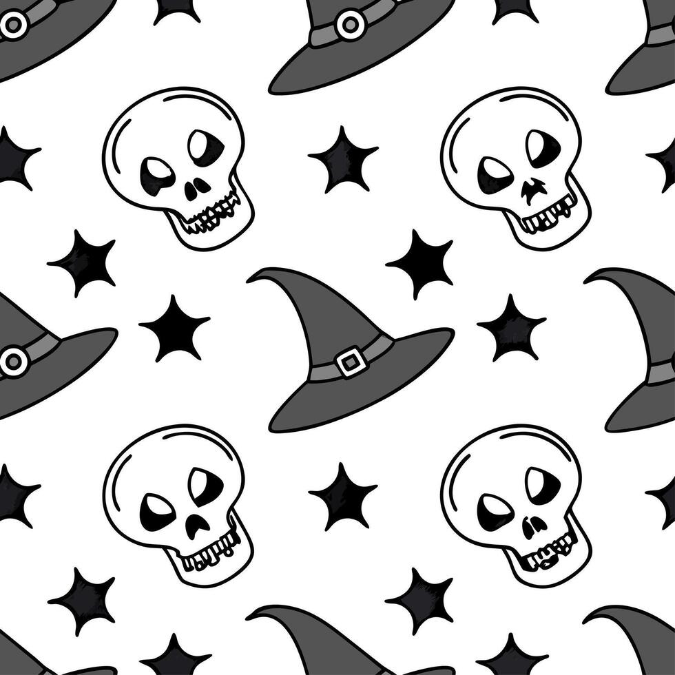 Skeletons and witches seamless tile pattern with spooky elements and dark hues for macabre Halloween decor concept as Spooky skeletons and witches arranged seamlessly with dark hue Cleans vector