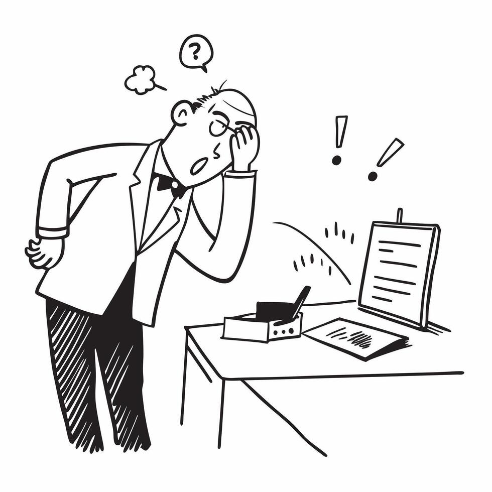 Senior manager looking at a failed big data project appearing devastated concept as A senior manager in a suit looking at a failed big data project report on his desk appearing dev Cleans vector