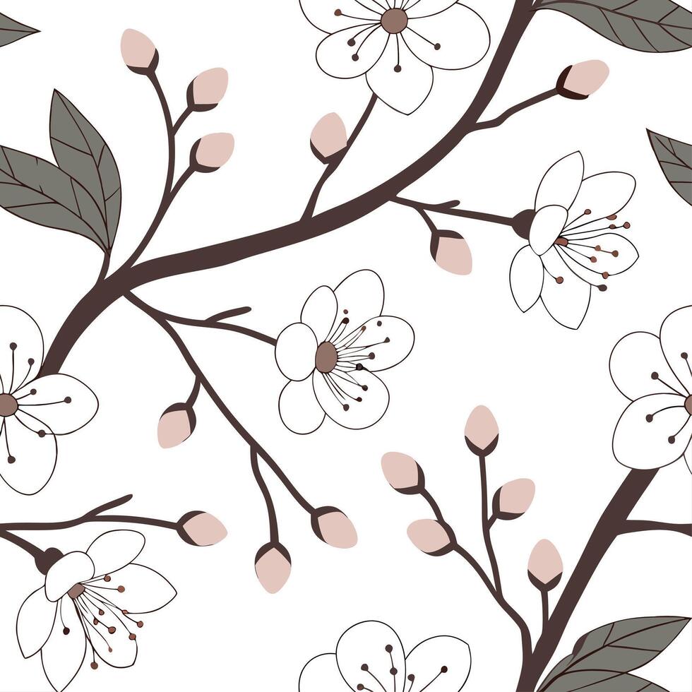 Serene spring nature seamless pattern with gentle tree branches and subtle flower details for calming decor concept as Calming spring nature pattern with tree branches and delicate Cleans vector