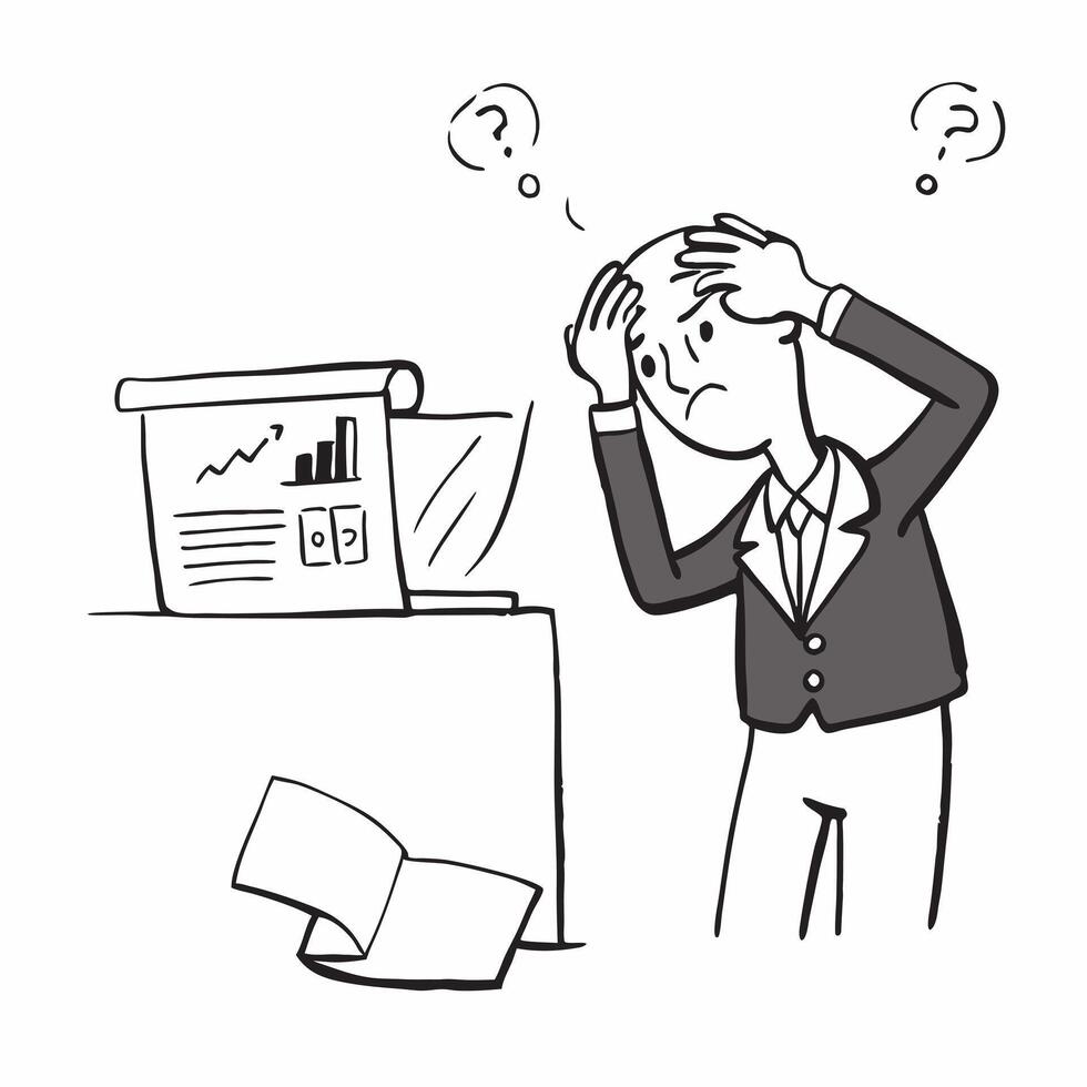 Senior manager looking at a failed IT infrastructure appearing devastated concept as A senior manager in a suit looking at a failed IT infrastructure report on his desk appearing d Cleans vector