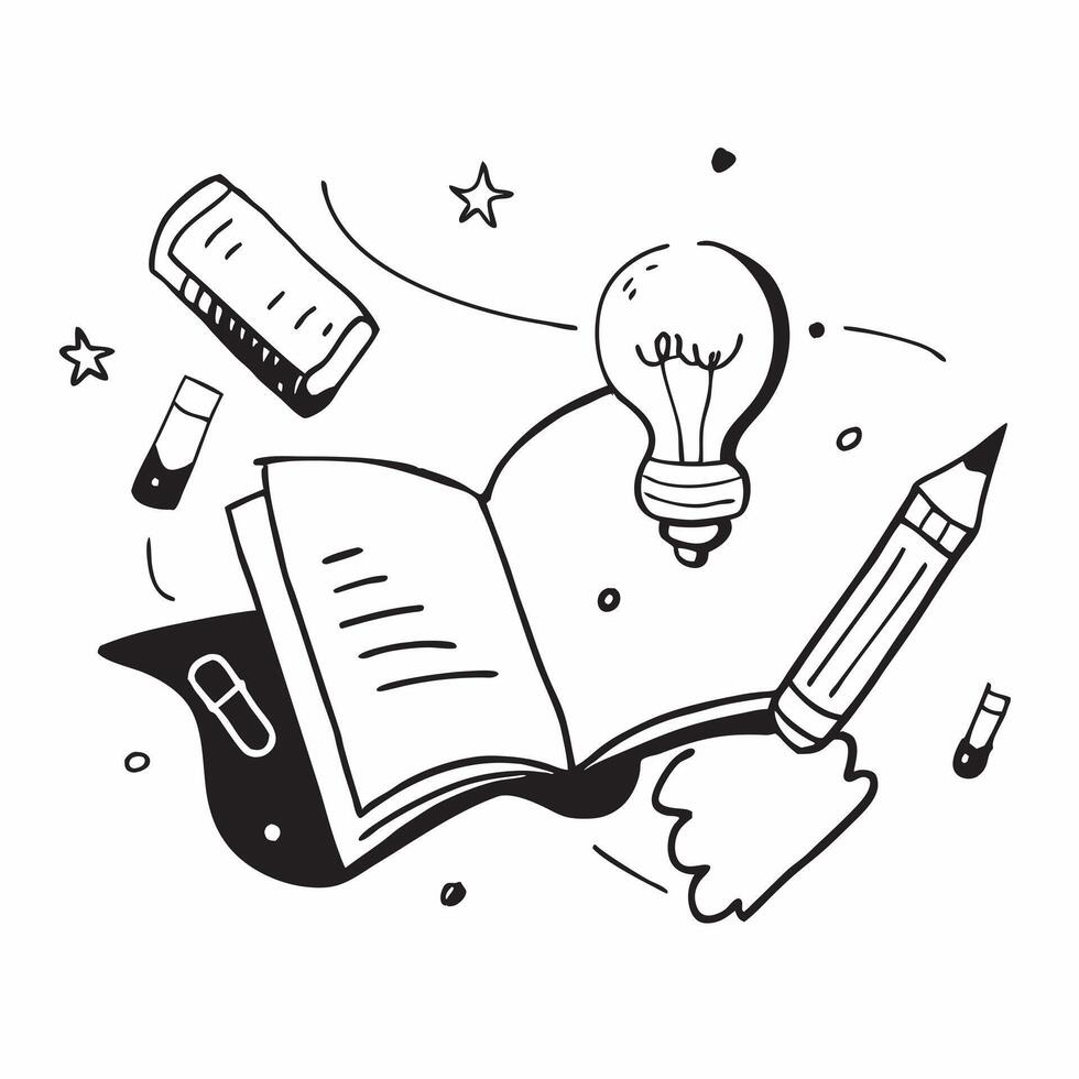 School Supplies with Books and Lightbulb concept as A set of school supplies books and a lightbulb set against a dreamy background offering ample space for text or graphics symboli Cleans vector