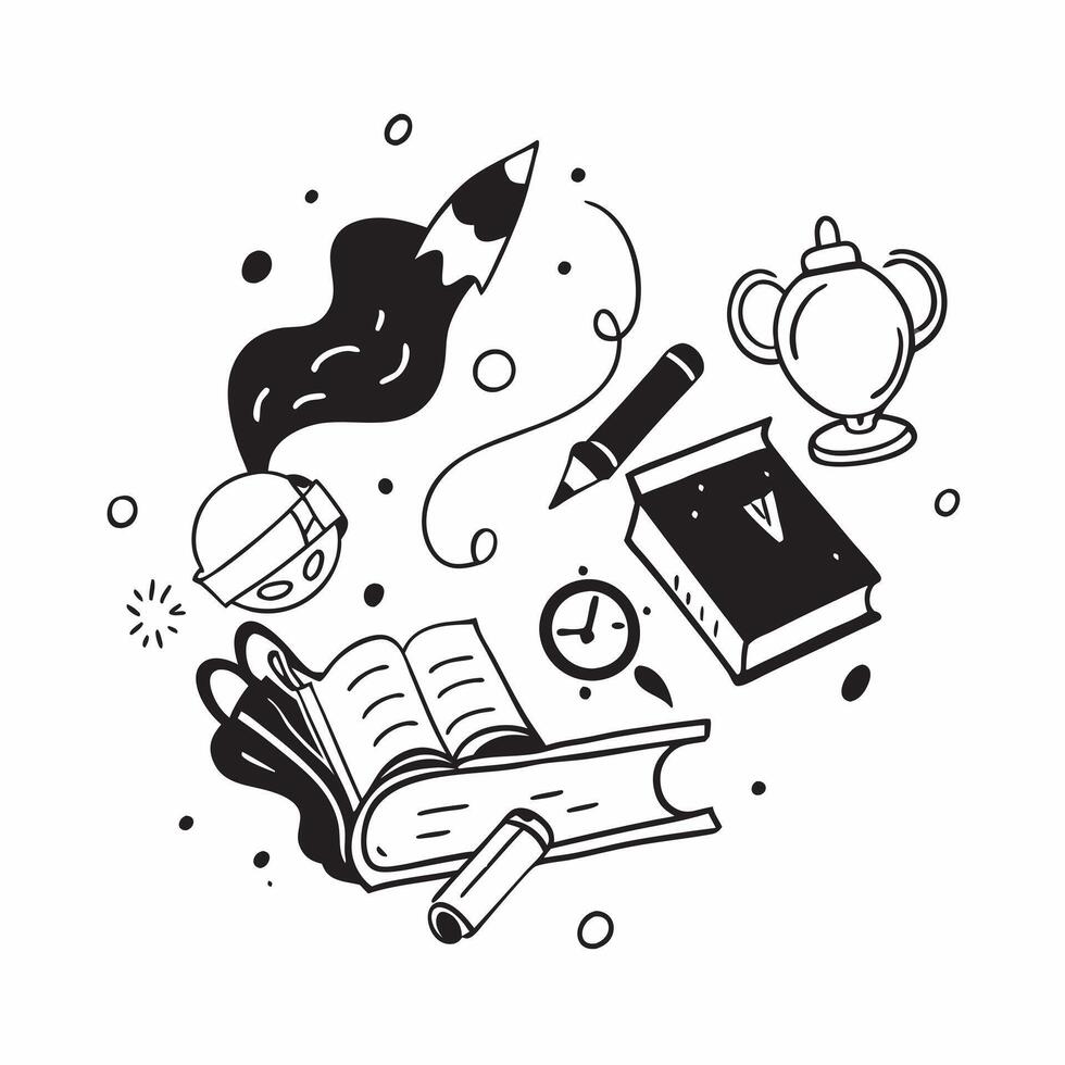 School Supplies with Books and Bell concept as A set of school supplies books and a school bell set against a whimsical background offering ample space for text or graphics symboli Cleans vector