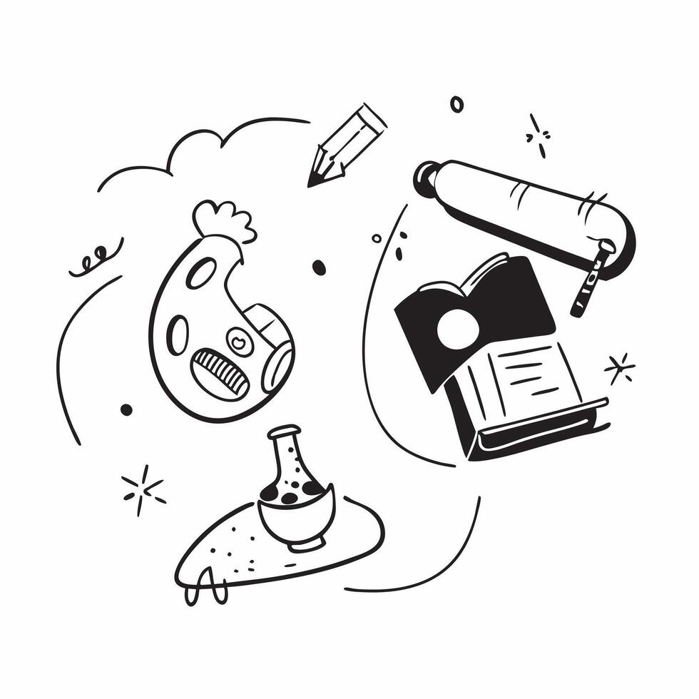 School Bus with Microscope and Science Book concept as A school bus with a microscope and a science book set against a whimsical background offering ample space for text or graphic Cleans vector