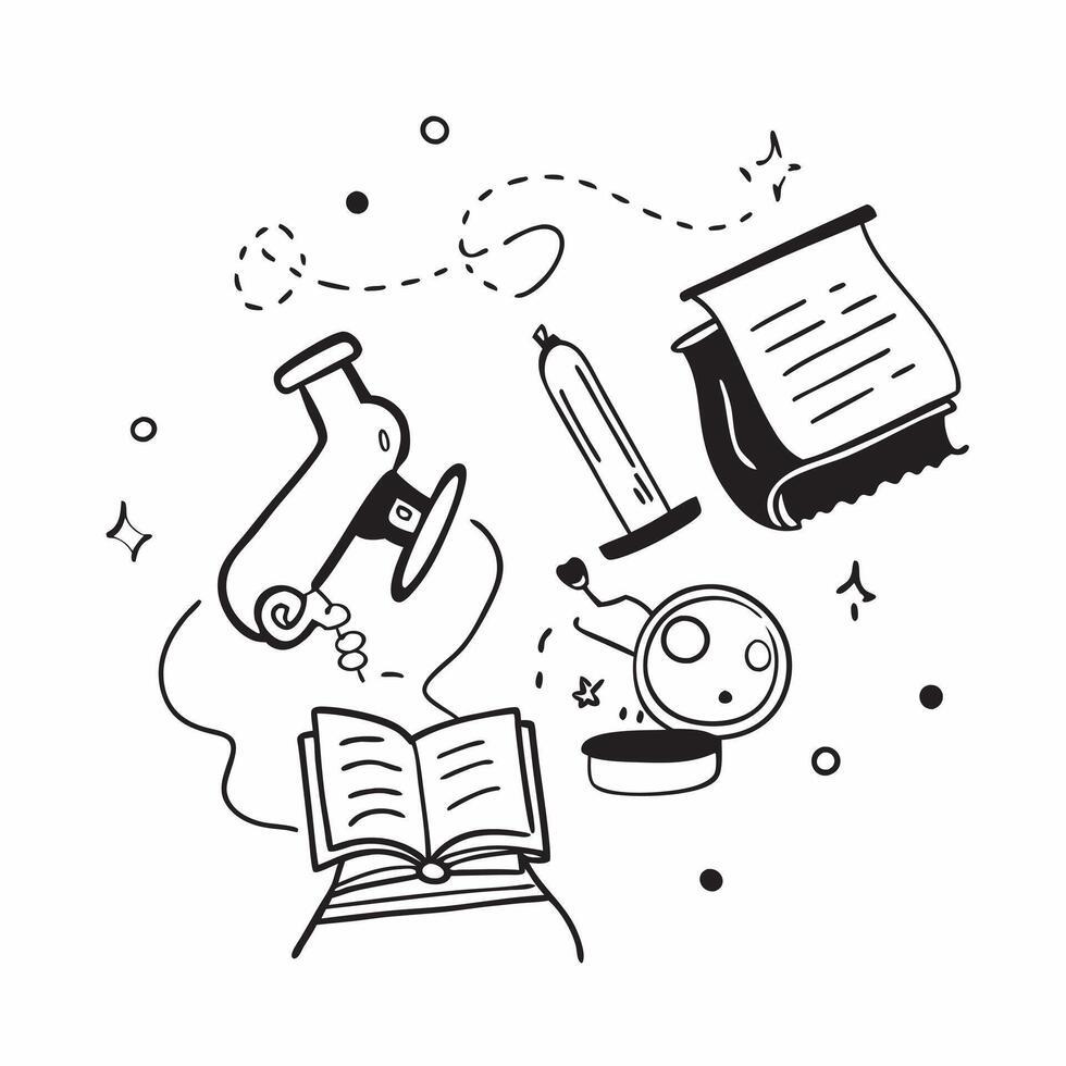 School Bus with Microscope and Science Book concept as A school bus with a microscope and a science book set against a whimsical background offering ample space for text or graphic Cleans Set 2 vector