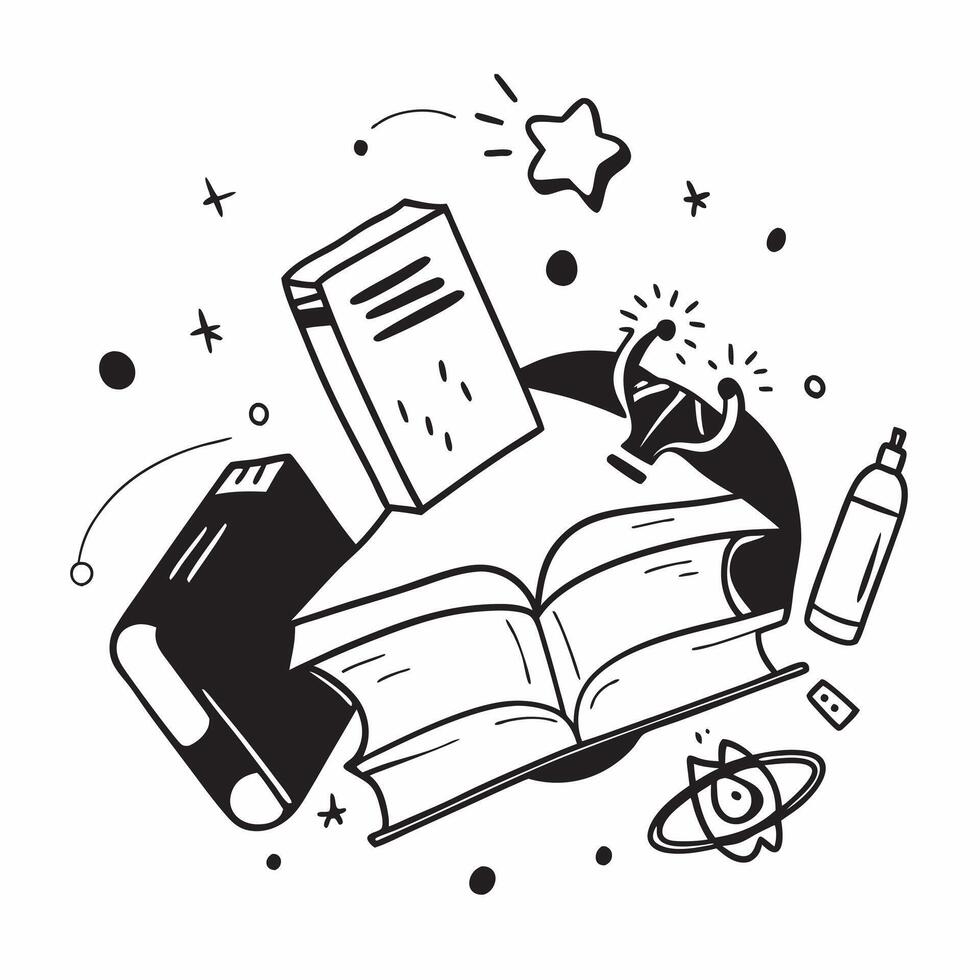 School Bus with Books and Science Experiment concept as A school bus with a stack of books and a science experiment set against a whimsical background offering ample space for text Cleans vector