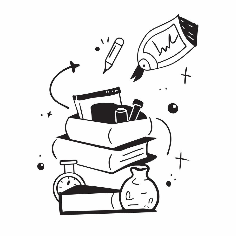 School Bus with Books and Science Lab concept as A school bus with a stack of books and a science lab set against a whimsical background offering ample space for text or graphics s Cleans vector