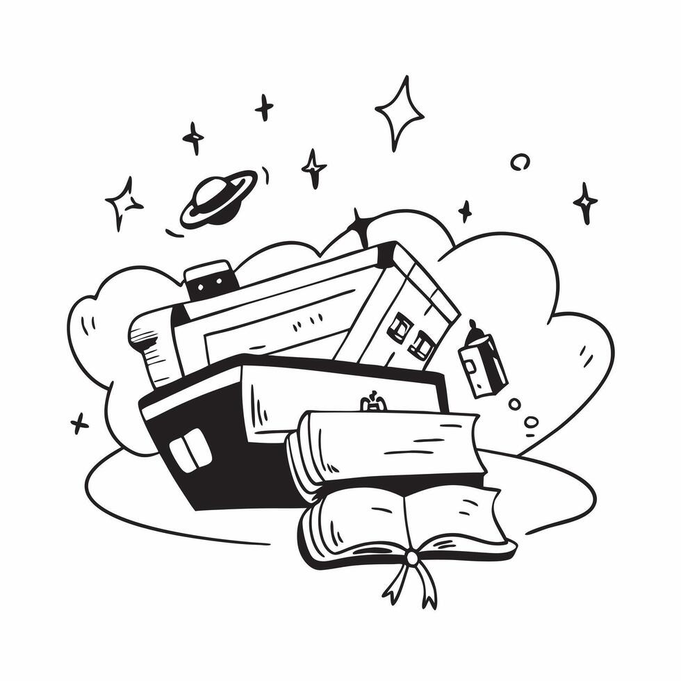 School Bus with Books and School Supplies concept as A school bus with a stack of books and various school supplies set against a dreamy background offering ample space for text or Cleans vector