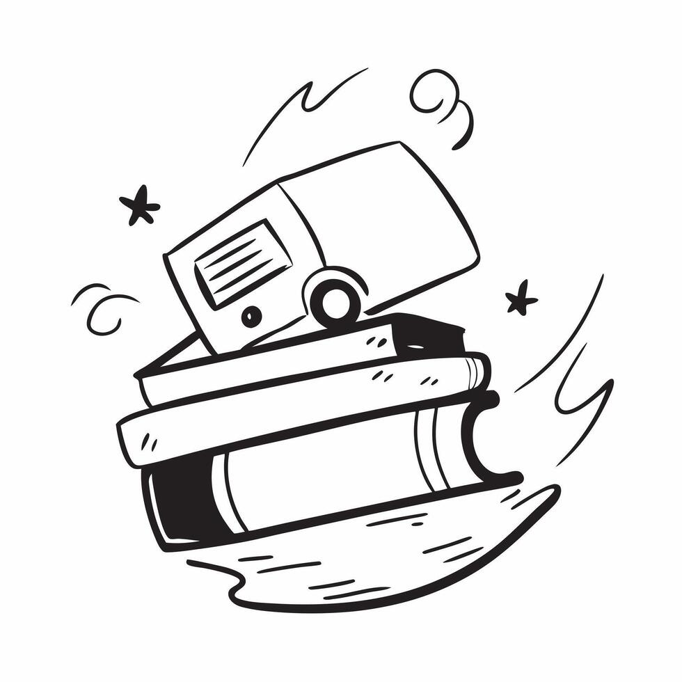 School Bus with Books and Bell concept as A school bus with a stack of books and a school bell set against a whimsical background offering ample space for text or graphics symboliz Cleans Set 2 vector