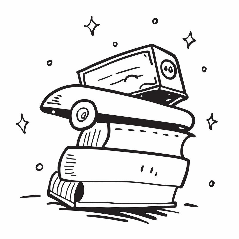 School Bus with Books and Clock concept as A school bus with a stack of books and a clock set against a whimsical background offering ample space for text or graphics symbolizing t Cleans Set 2 vector