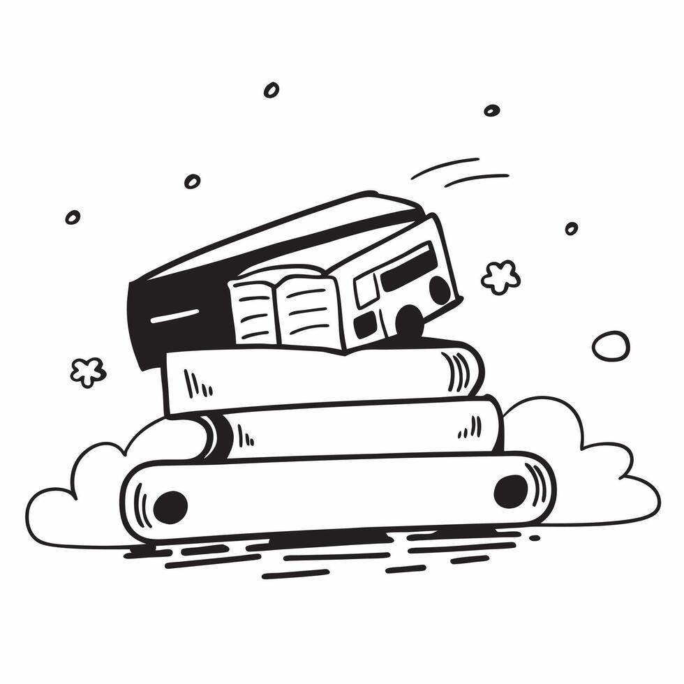 School Bus and Books concept as A whimsical school bus with books set against a dreamy background offering ample space for text or graphics symbolizing the journey of learning and Cleans vector