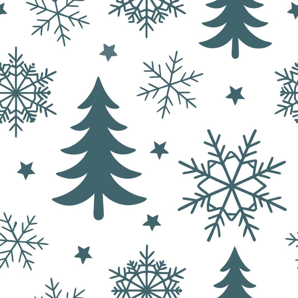 Scandinavian snowflakes and pine trees seamless tile pattern with cool tones and minimalist designs for modern decor concept as Cool toned snowflakes and pine trees arranged seamle Cleans vector
