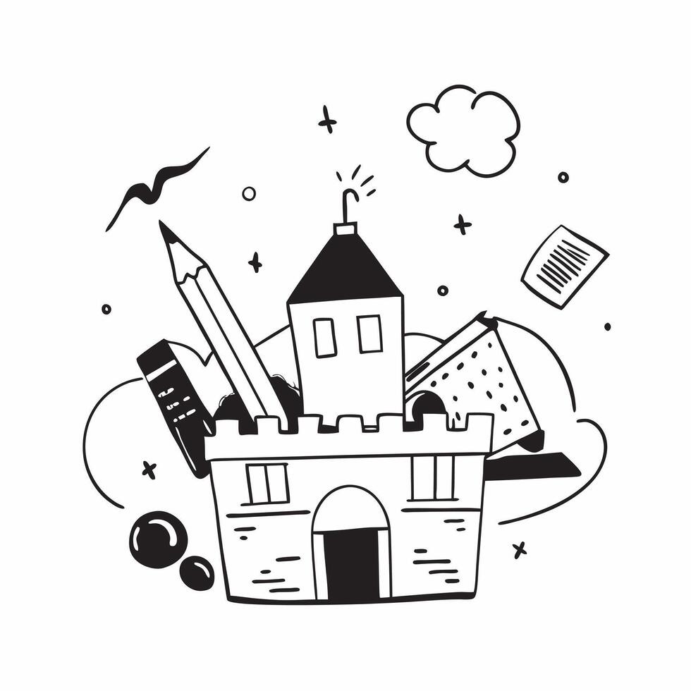 School Building and Art Supplies concept as A whimsical school building with art supplies set against a dreamy background offering ample space for text or graphics symbolizing the Cleans vector