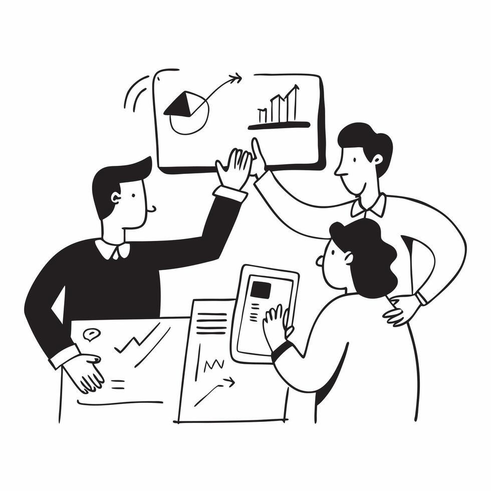 Sales team collaborating on a sales pitch concept as A illustration of a sales team collaborating on a sales pitch using laptops and charts with a 3 color scheme to highligh Cleans vector