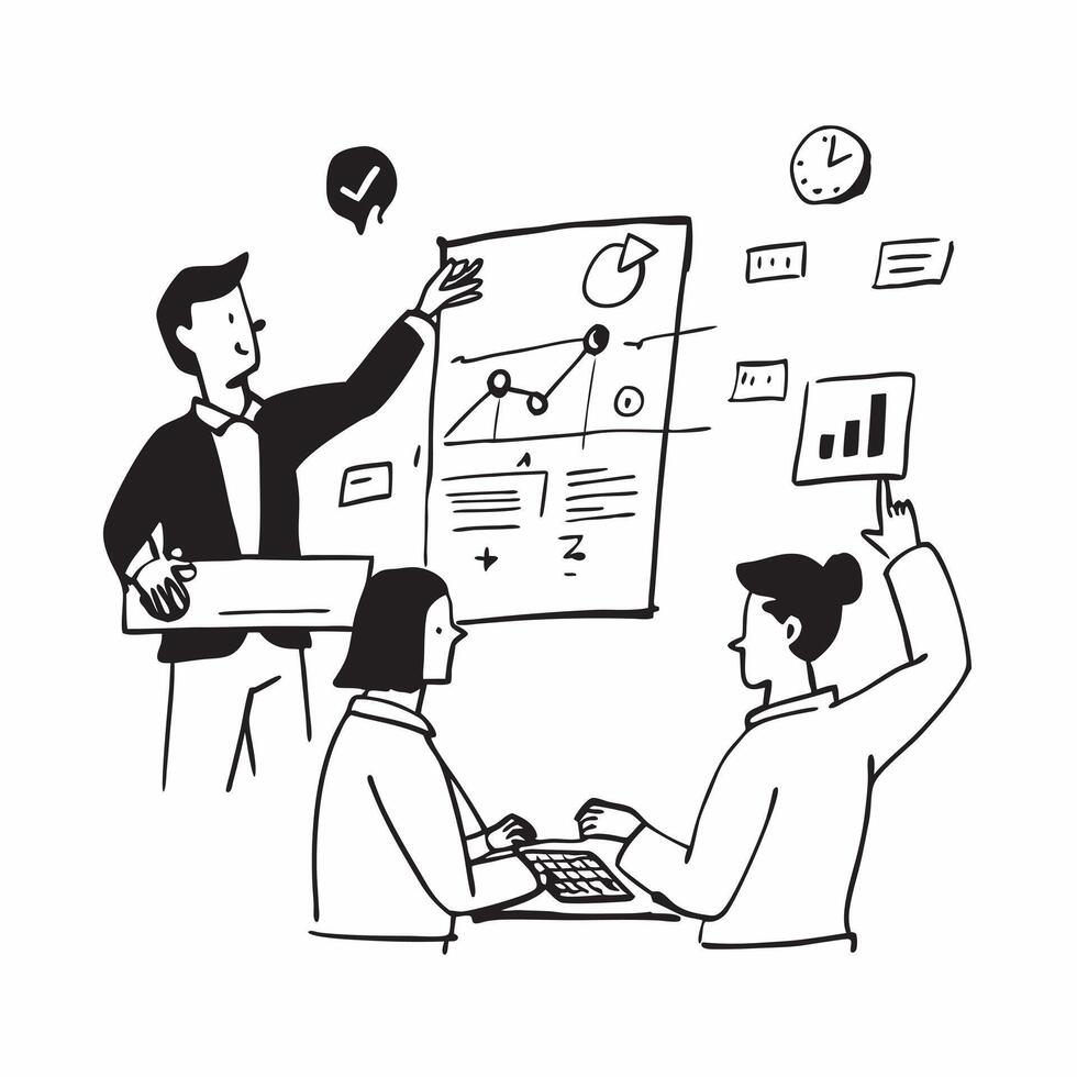Sales team conducting a hybrid strategy session concept as A sales team conducting a hybrid strategy session with members in the office and remote locations showcasing planning and Cleans vector