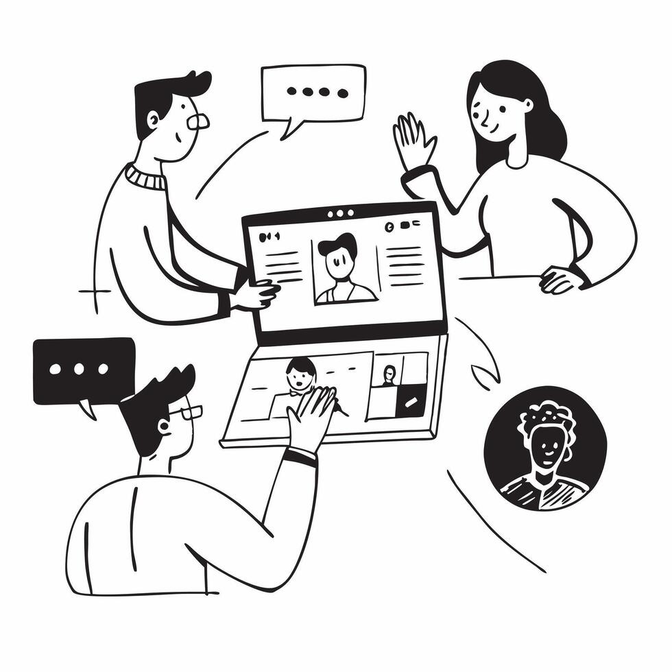 Sales team collaborating in a virtual meeting concept as A illustration of a sales team collaborating in a virtual meeting using conferencing tools with a 3 color sche Cleans Set 2 vector