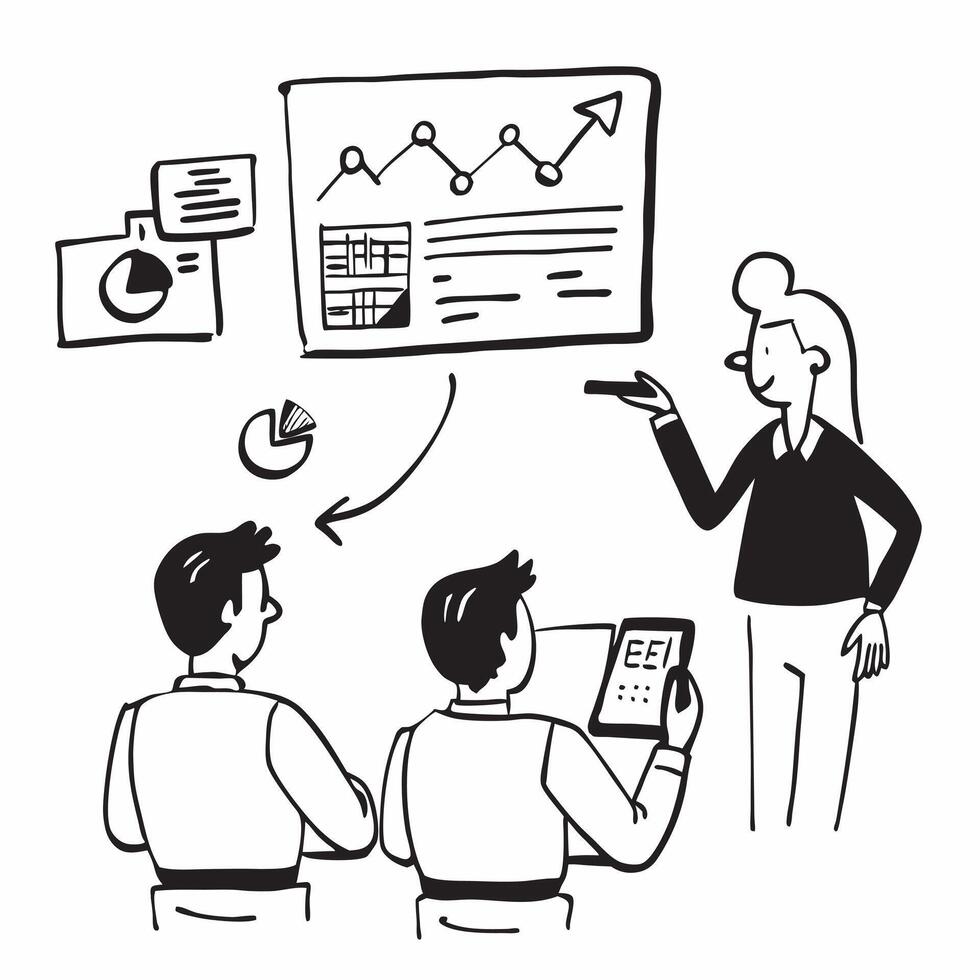 Sales director leading a hybrid quarterly review meeting concept as A sales director leading a hybrid quarterly review meeting with sales reports displayed in the office and shared Cleans vector