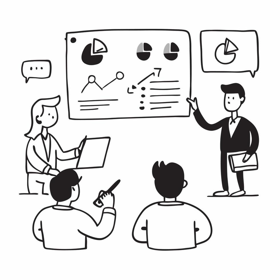 Sales manager presenting quarterly results in a hybrid meeting concept as A sales manager presenting quarterly results in a hybrid meeting with charts displayed in the office and s Cleans vector
