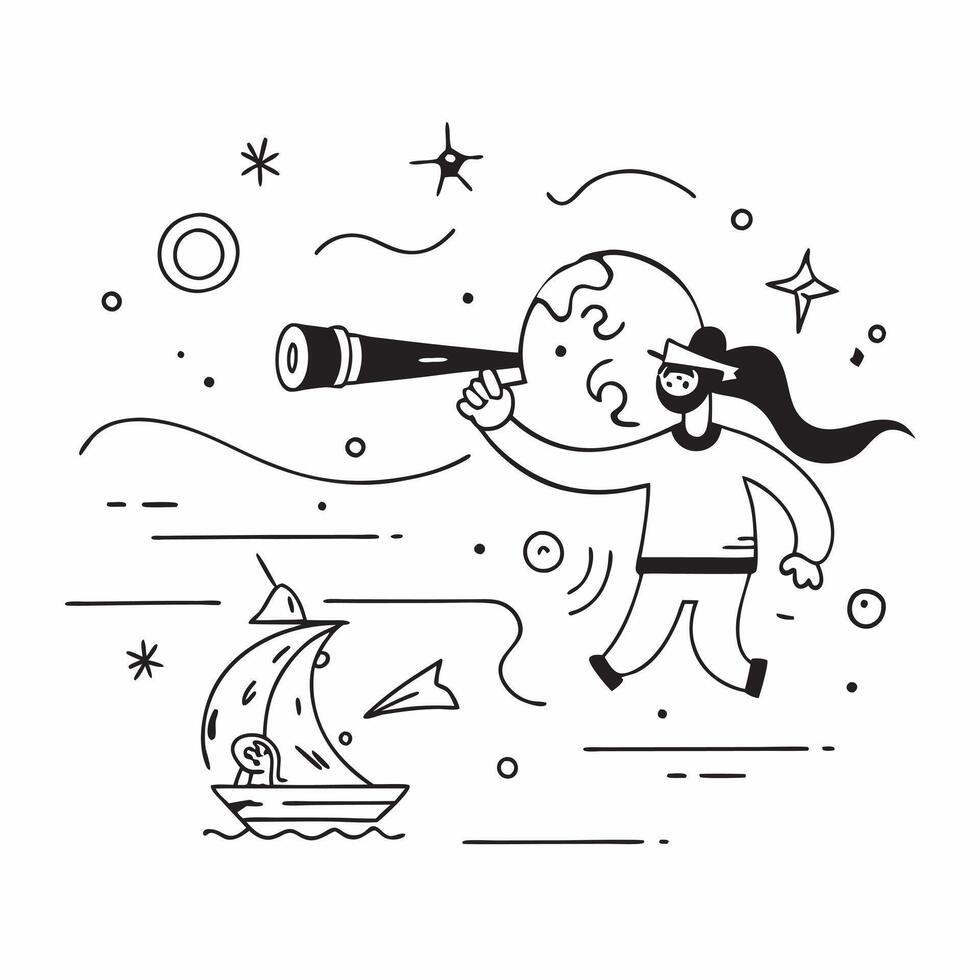 Sailor with Telescope and Compass on Magical Ship concept as Wide shot of a sailor with a telescope and compass on a magical ship The background features enchanted waves and glowi Cleans vector
