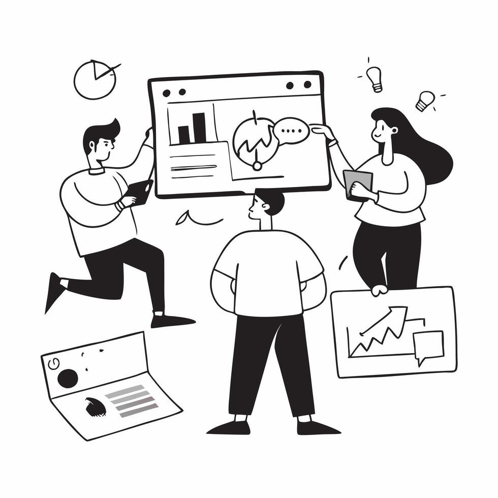 Sales team collaborating on a sales pitch concept as A illustration of a sales team collaborating on a sales pitch using laptops and charts with a 3 color scheme to highligh Cleans Set 2 vector