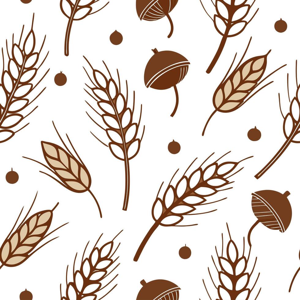 Rustic autumn seamless pattern with wheat stalks acorns and rustic textures for a farmhouse inspired design concept as Farmhouse inspired autumn pattern with wheat stalks acorns an Cleans vector