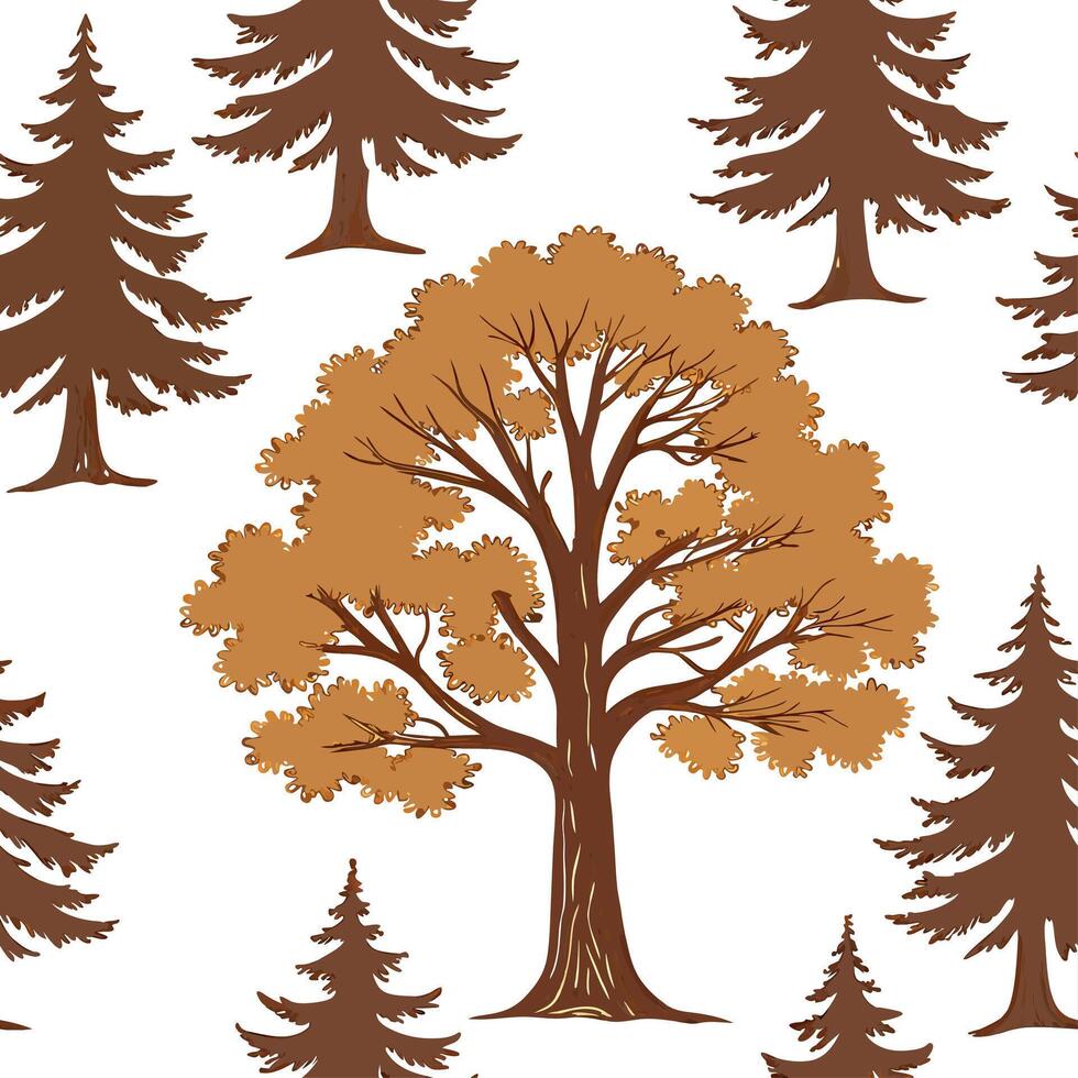 Rustic autumn trees seamless tile pattern with pine and birch for country inspired interiors concept as Pine and birch trees arranged seamlessly to create rustic and country inspir Cleans vector