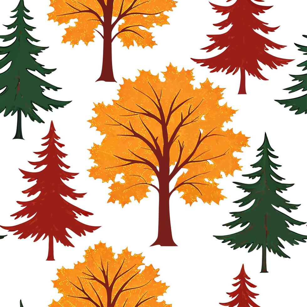 Rustic autumn trees seamless tile pattern with pine and birch for country inspired interiors concept as Pine and birch trees arranged seamlessly to create rustic and country inspir Cleans Set 3 vector