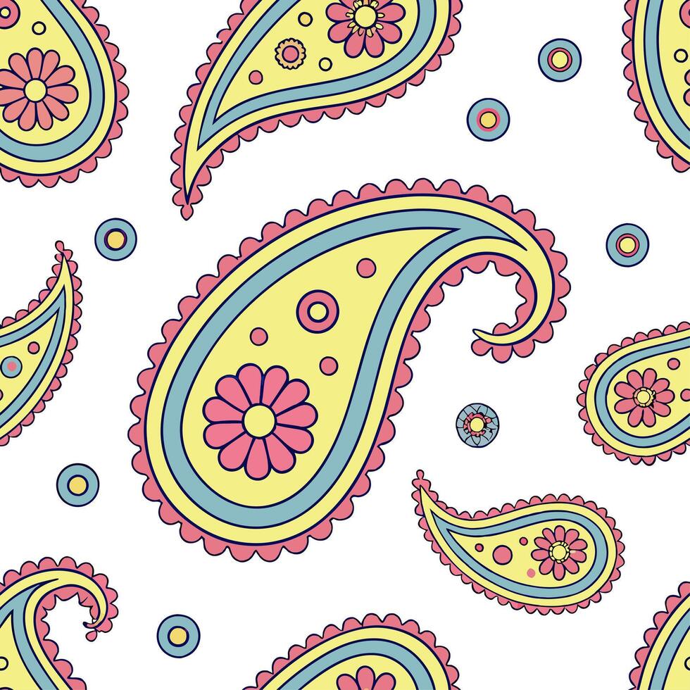 Retro paisley seamless pattern with vibrant colors and swirling designs for dynamic projects concept as Dynamic retro paisley pattern featuring vibrant colors and swirling designs Cleans vector