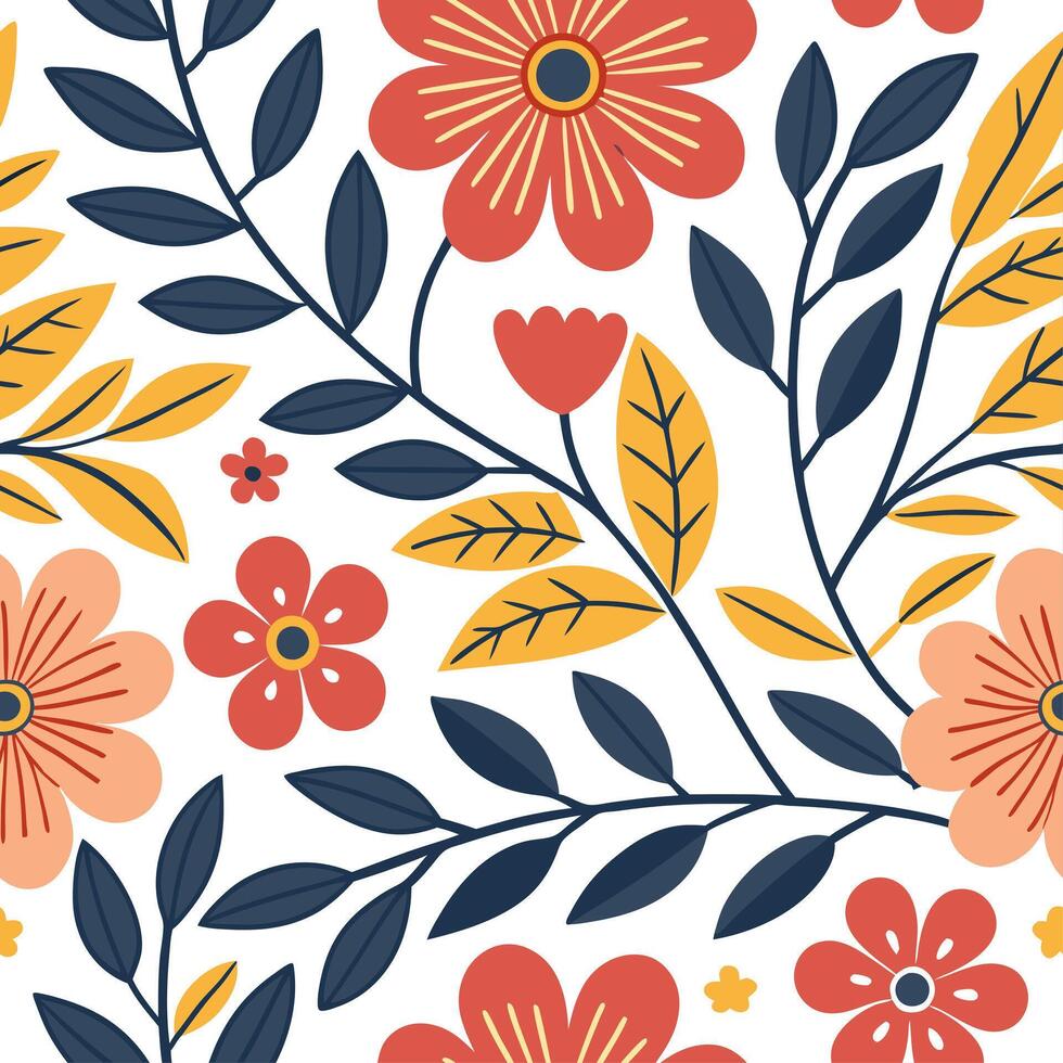 Retro floral seamless pattern with vibrant hues for dynamic spaces concept as Bright and vibrant floral elements in a retro seamless pattern adding energy to dynamic interiors in Cleans vector