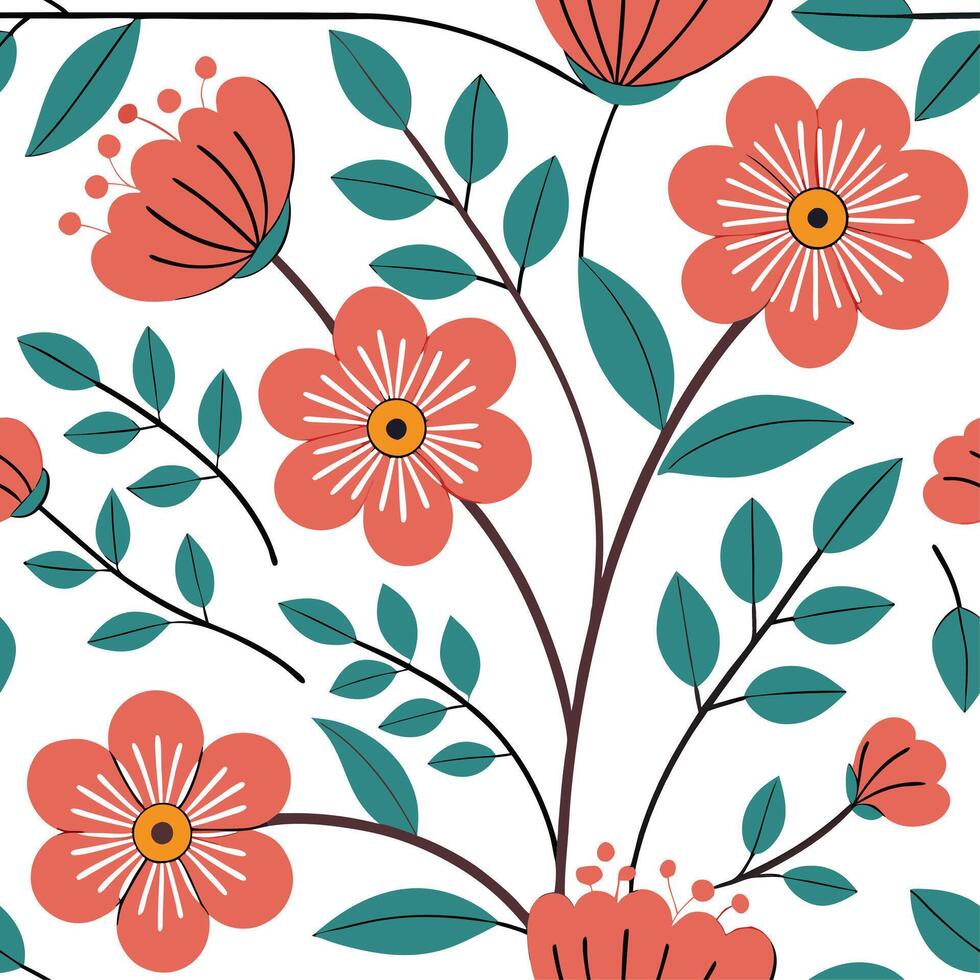 Retro floral seamless pattern with bright color schemes for dynamic spring spaces concept as Bold and bright floral motifs in a retro style seamless pattern ideal for lively and dy Cleans vector