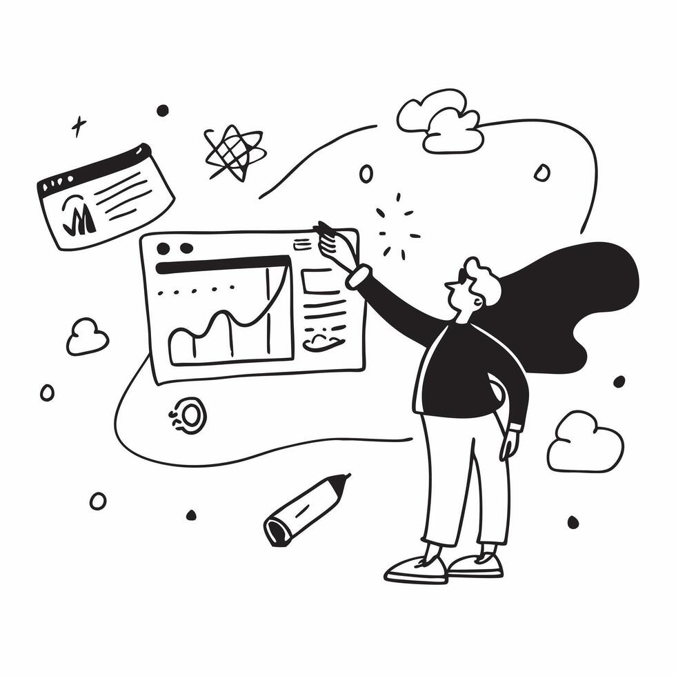 Researcher with Data and Presentation concept as An image of a researcher with data and presentation set against a dreamy background offering ample space for text or graphics symbo Cleans vector