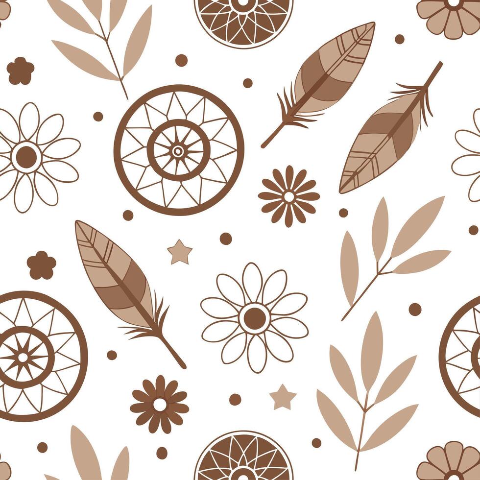 Retro bohemian seamless pattern with eclectic elements and earthy tones for artistic decor concept as Eclectic retro bohemian pattern featuring diverse elements and earthy tones pe Cleans vector