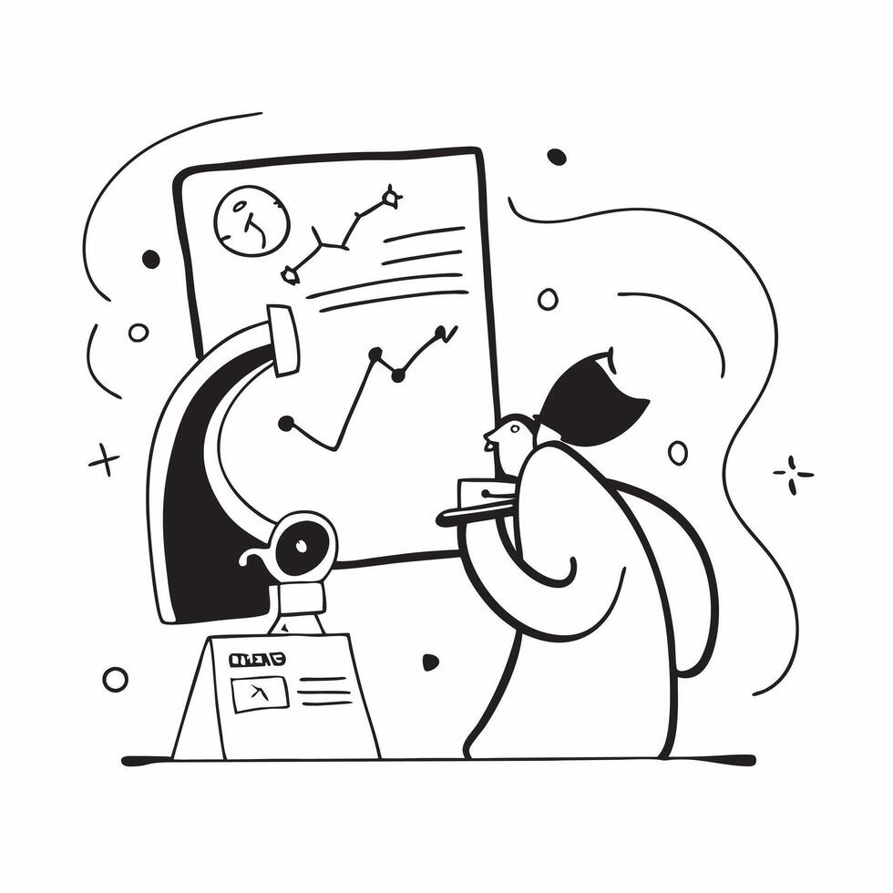 Researcher with Microscope and Data Chart concept as A researcher using a microscope and analyzing a data chart set against a whimsical background offering ample space for text or Cleans vector