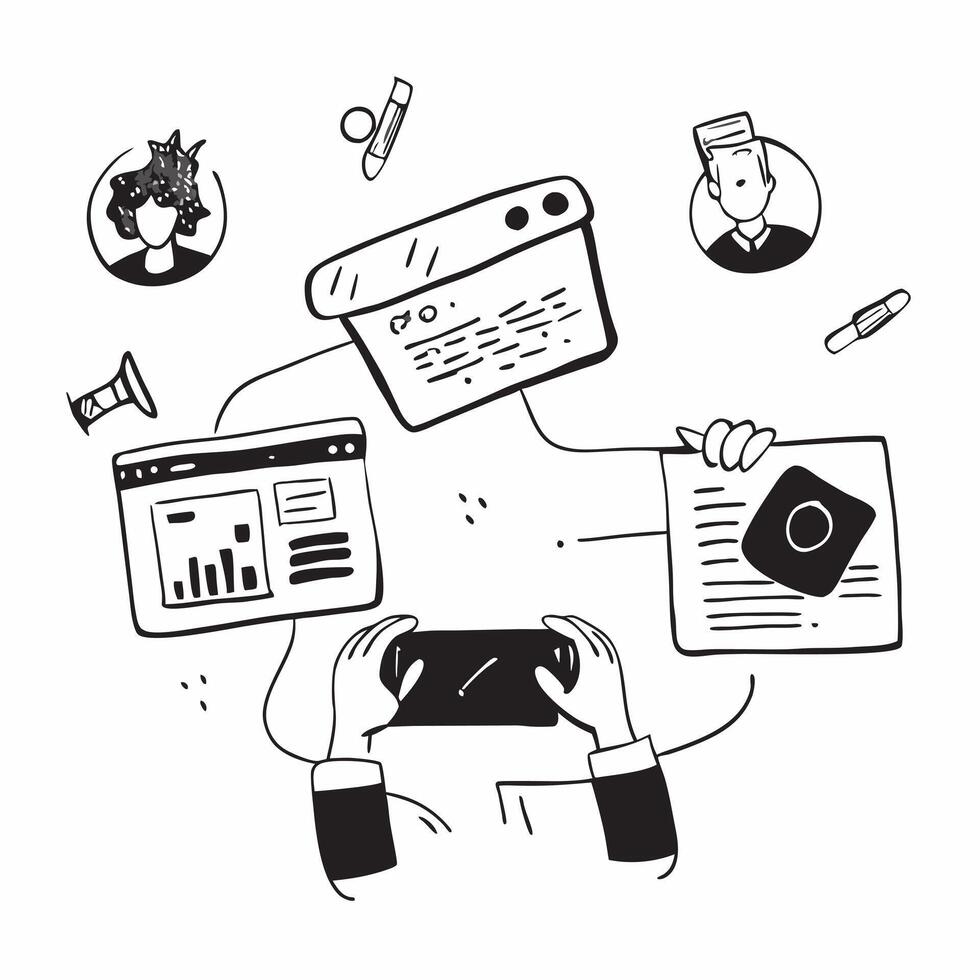 Remote team collaborating on a market research project concept as A illustration of a remote team collaborating on a market research project using conferencing and dig Cleans Set 2 vector