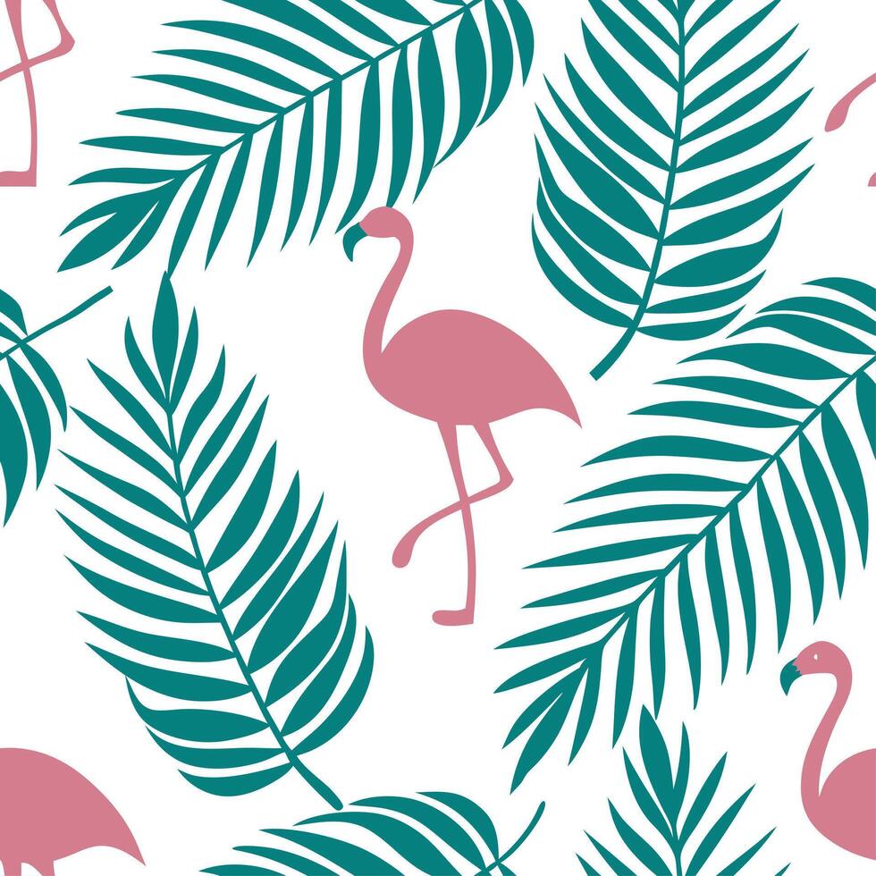 Refreshing summer seamless pattern with tropical palm leaves and flamingos for a lively tropical vibe concept as Tropical palm leaves and flamingos arranged in a seamless pattern f Cleans vector