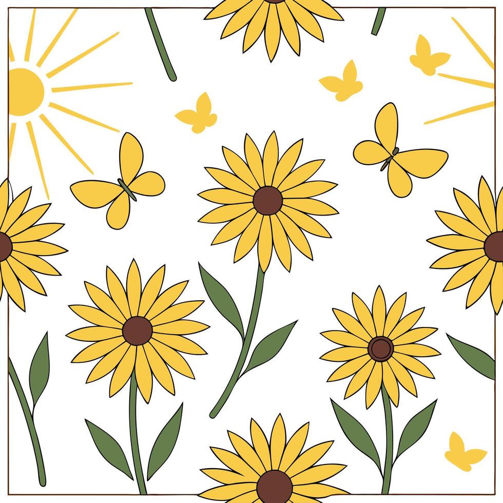 Radiant spring sunshine seamless pattern with sunflowers and rays of light for vibrant outdoor projects concept as Radiant spring sunshine pattern with sunflowers and light rays pe Cleans vector