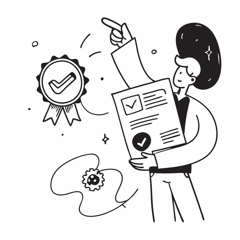 Quality Manager with Quality Control Chart and Certificate concept as An image of a quality manager with a quality control chart and certificate set against a whimsical background Cleans vector