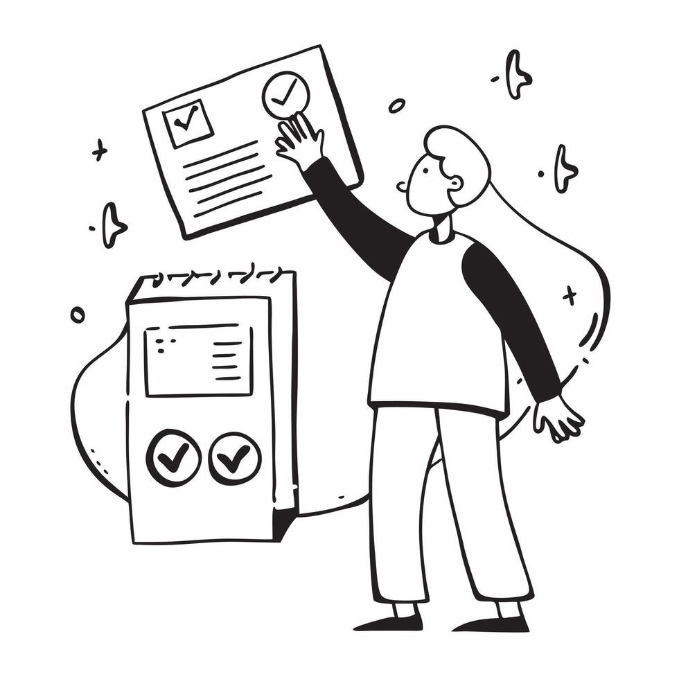Quality Manager with Control Plan and ISO9001 Certificate concept as An image of a quality manager with a control plan and ISO9001 certificate set against a whimsical background of Cleans vector
