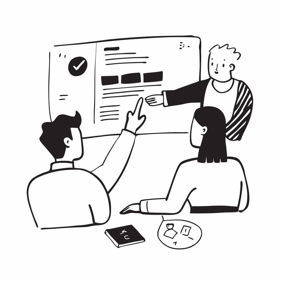 Project team presenting their findings in a business meeting concept as A illustration of a project team presenting their findings in a business meeting featuring a 3 color Cleans vector