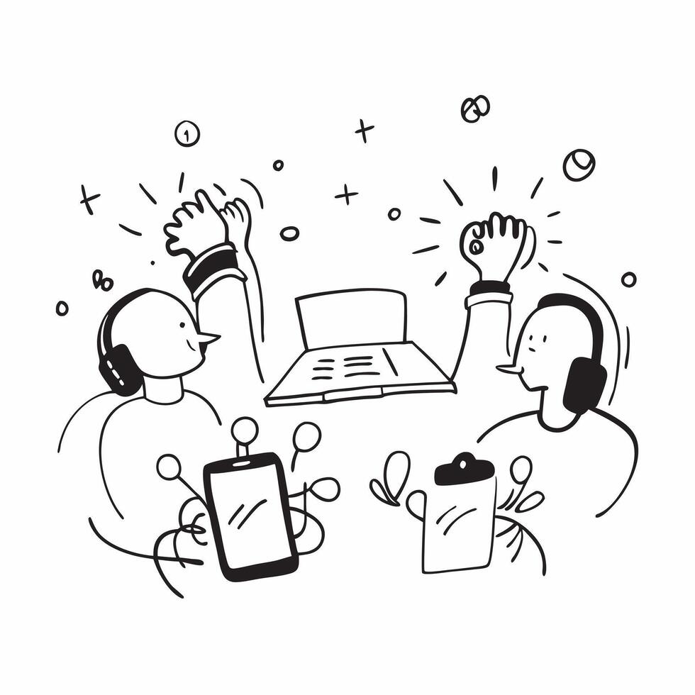 Public Relations Team with Microphones and Press Releases concept as A public relations team holding microphones and reviewing press releases set against a whimsical background off Cleans vector