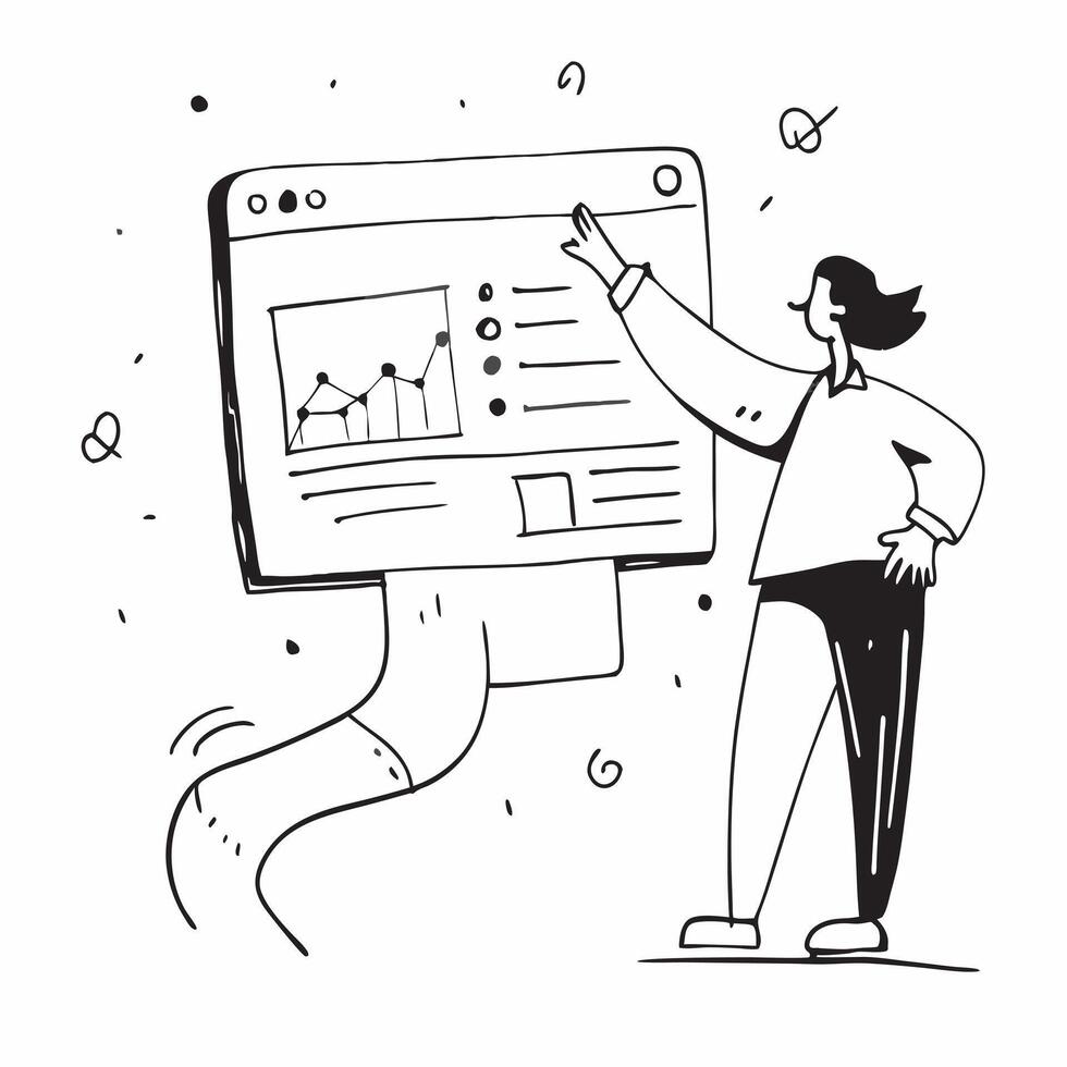 Project Manager with Screen and Graphs concept as An image of a project manager with a screen and graphs set against a dreamy background offering ample space for text or graphics s Cleans vector